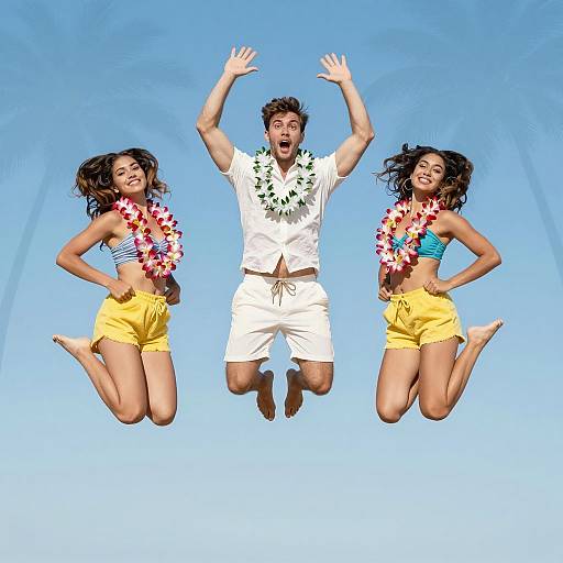 Joyful Jumping Trio Against Blue Background