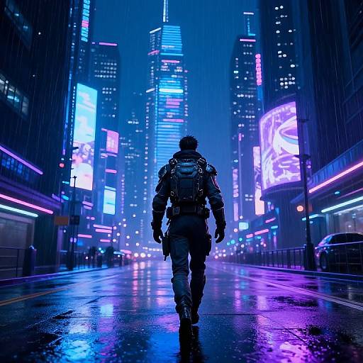 Cyberpunk cityscape photograph: Silhouetted figure in tactical gear, backpack, walking on wet, neon-lit street with towering skyscrap