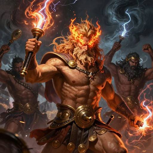 Digital art of a muscular, fiery-haired god holding two torches, with two other muscular gods in the background. Dark, stormy sky.