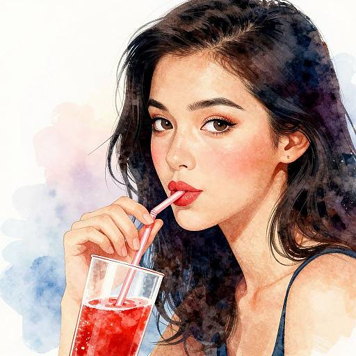 Watercolor-style digital painting of an Asian woman with long black hair, sipping a red drink through a straw, wearing a black top.