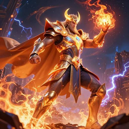 Digital artwork of a muscular, armored superhero with glowing horns and a fiery aura, wielding fire in a stormy, cityscape background.