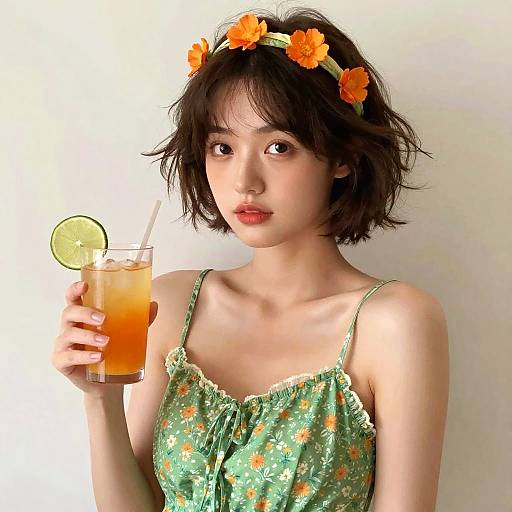 Asian woman with short black hair, orange flower headband, green floral dress, holding orange drink with lime slice, white background.