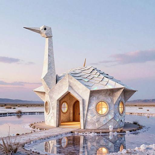Whimsical, white, geese-shaped house with circular windows, wooden door, and shingled roof, standing in a snowy, reflective landscape