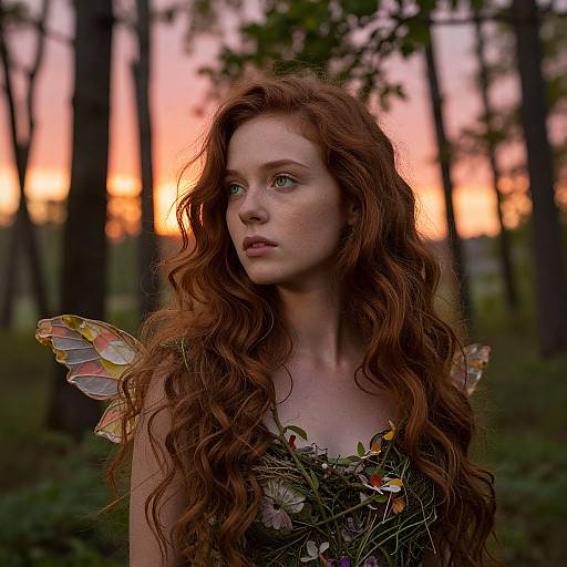 Photograph of a fair-skinned, red-haired woman with long wavy hair, wearing fairy wings and floral dress, standing in a forest at sunset