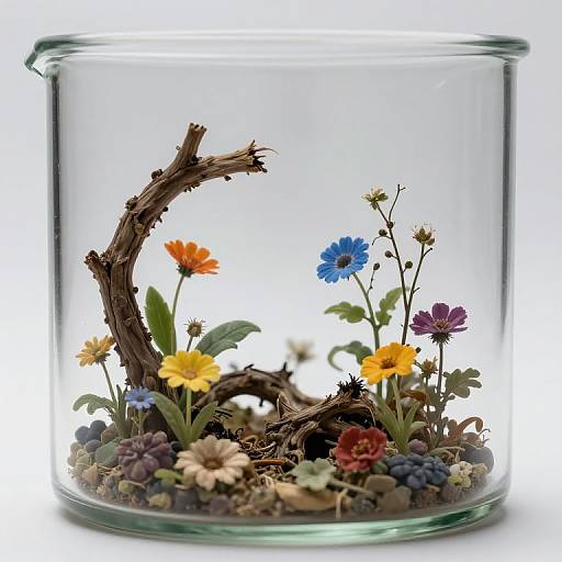 Photograph of a clear glass bowl filled with colorful mini flowers, including orange, blue, yellow, and purple, along with small green leaves and a
