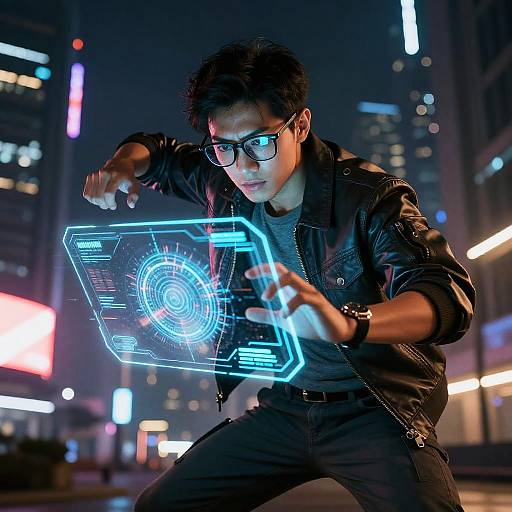 Young man interacting with futuristic holographic interface