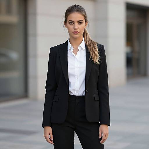 Photograph of a serious-faced woman with light brown hair in a ponytail, wearing a black blazer and white shirt, standing in a city street