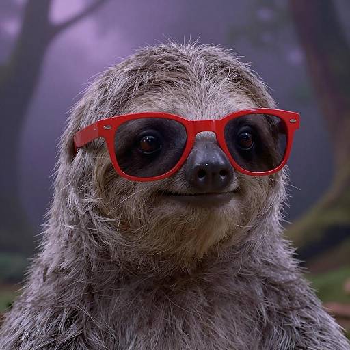 Photograph of a sloth with shaggy gray fur and large, round black eyes, wearing bright red, oversized eyeglasses, set against