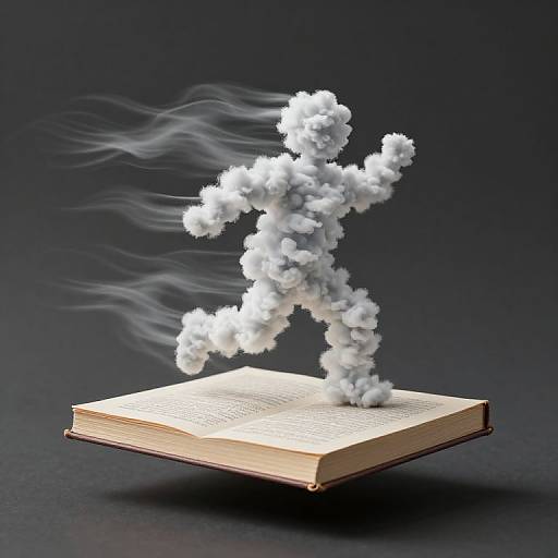 Digital artwork of a cloud-like, white, humanoid figure emerging from an open book against a dark background, with wispy smoke trails.