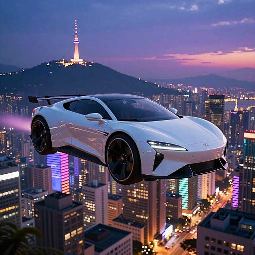 Futuristic Hovercar Over Neon Cityscape