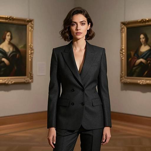 Elegant Woman in Dark Suit at Museum