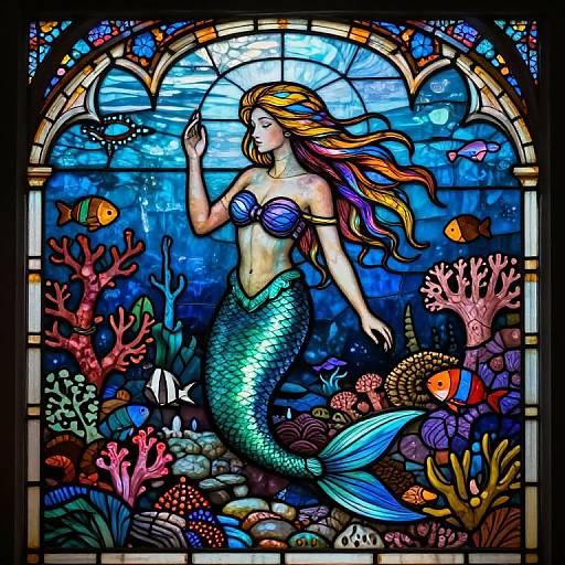 Vibrant stained glass artwork of a mermaid with flowing red-orange hair, turquoise scales, and blue tail, surrounded by colorful corals, fish