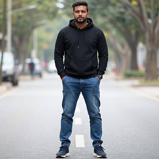Photograph of a bearded, dark-haired man in a black hoodie, blue jeans, and black sneakers standing confidently on a sunlit, tree-lined