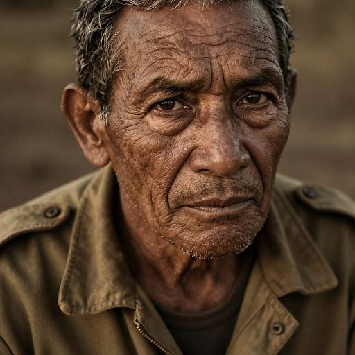 Photograph of an elderly, weathered man with deep wrinkles, short gray hair, and brown eyes, wearing a worn, olive-green jacket, against