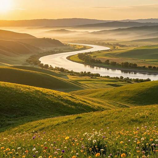Sunset over a lush, rolling hill landscape with a winding river, vibrant wildflowers in the foreground, and misty valleys in the background.