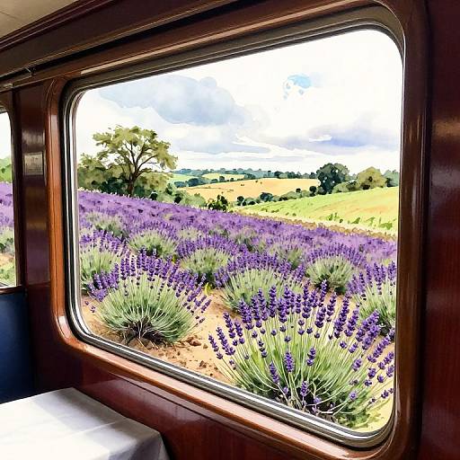 Photograph of a lavender field viewed through a wooden train window, showing vibrant purple flowers, green foliage, and a cloudy sky.