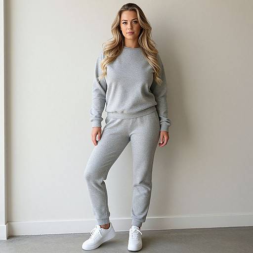 Blonde Woman in Casual Grey Outfit