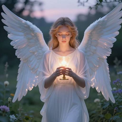 Photograph of a serene angelic blonde woman with large white wings, wearing a flowing white dress, holding a glowing candle in a twilight garden.