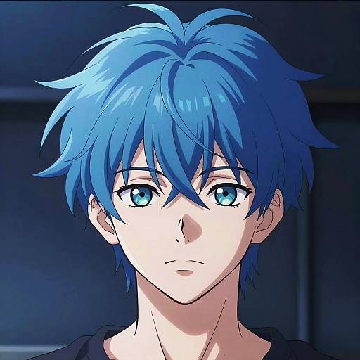 Digital anime-style portrait of a blue-haired, blue-eyed young man with messy hair, fair skin, and a neutral expression, set against a dark,