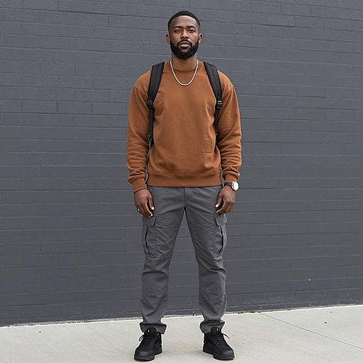Black Man in Casual Streetwear Standing by Gray Wall