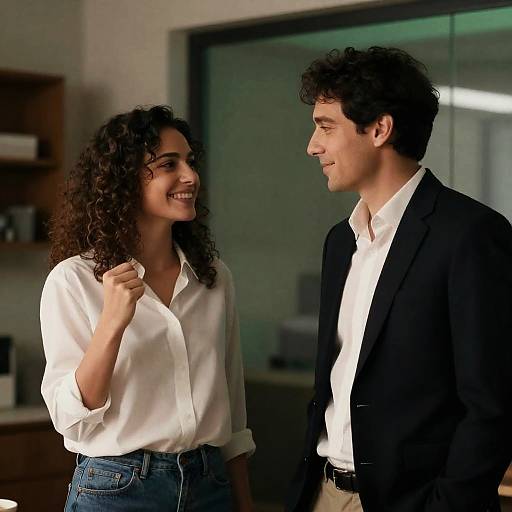 Two People Smiling and Conversing Indoors