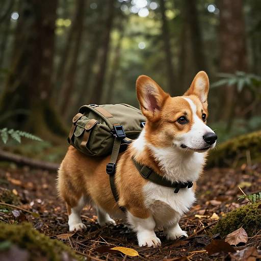Photograph of a tan and white Corgi with a green backpack, standing in a dense, mossy forest, looking alert.