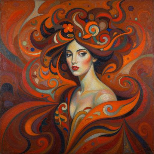Vibrant digital painting of a pale-skinned woman with fiery red-orange, swirling hair, adorned with floral accents, against a bold, abstract background