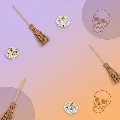 Photograph of three brooms, four glittery pumpkins, and two skull illustrations on a gradient purple to orange background.