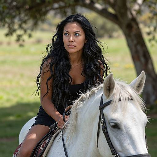 Photograph of a woman with long black wavy hair, wearing a black dress, riding a white horse in a sunlit, wooded area.