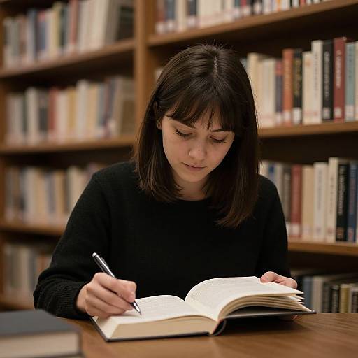 Photograph of a young woman with straight black hair, wearing a black sweater, writing in an open book at a library table with bookshelves in