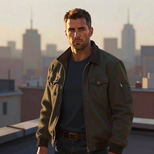 Photograph of a rugged, muscular man with short dark hair and beard, wearing a black jacket and shirt, standing on a rooftop at sunset with a