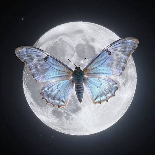 Photograph of a translucent blue butterfly with delicate wings, centered against a bright, full moon in a dark sky.
