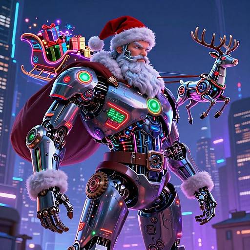 CGI image of a Santa Claus-themed, cybernetic, robotic man with glowing lights, antlers, red cape, fur trim, and city