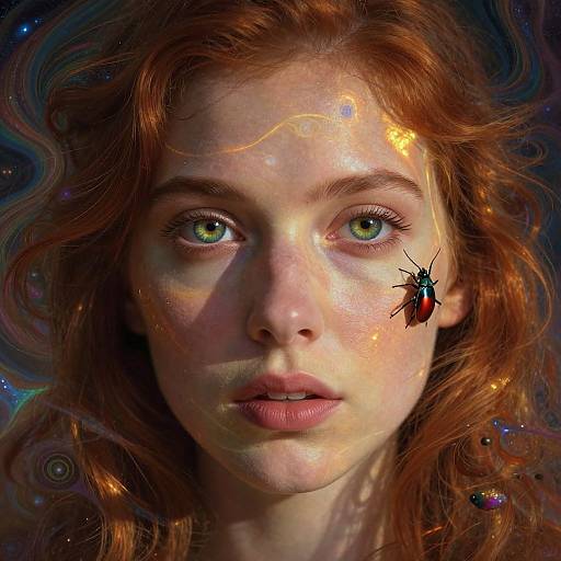 Digital artwork of a red-haired woman with green eyes, freckles, and a beetle on her cheek, set against a cosmic, starry background