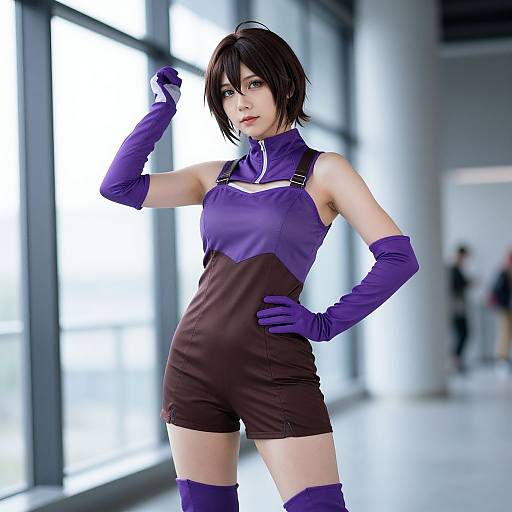 Photograph of a young woman with short black hair in a purple and brown cosplay outfit, wearing matching gloves and thigh-high boots, standing confidently in a