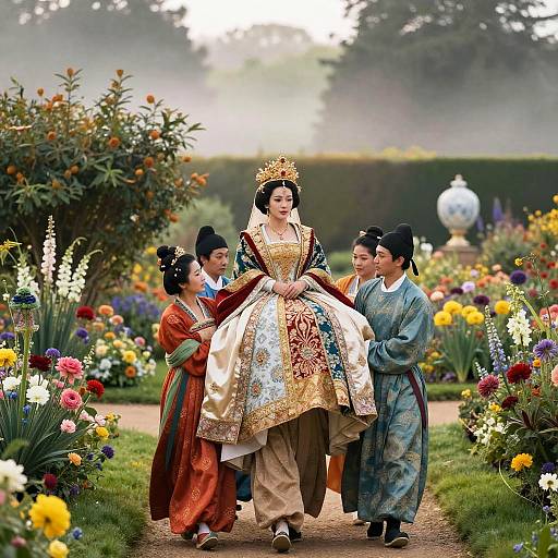 Photograph of three Asian women in traditional Korean hanbok, escorting a queen-like figure in an ornate, gold-embroidered dress