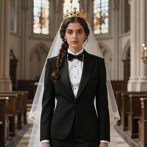 Bride in Tuxedo and Crown in Cathedral