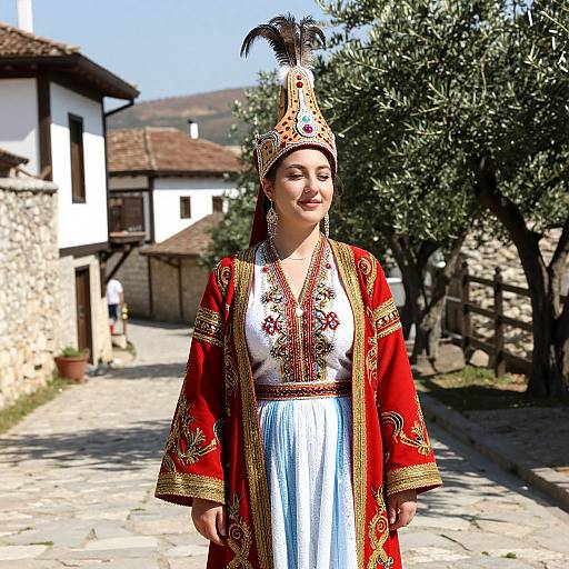 Photograph of a woman in traditional Balkan costume with intricate red and gold embroidery, white blouse, blue skirt, and ornate headdress, standing