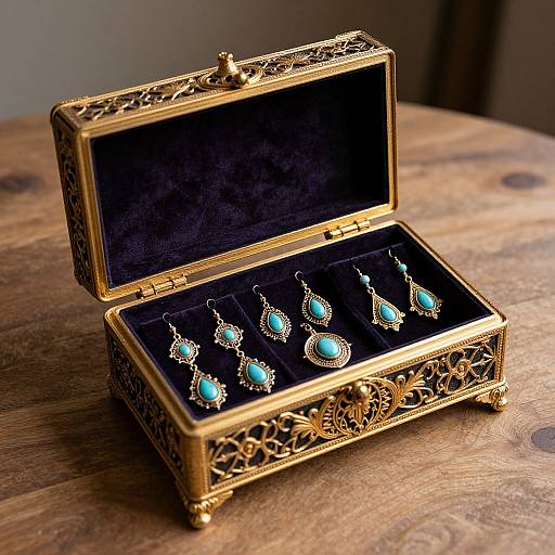 Photograph of an ornate, gold jewelry box with intricate designs, open to reveal five turquoise gemstone pendants on black velvet.