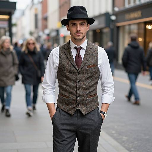 Photograph of a stylish man with dark skin, black hat, white shirt, brown tweed vest, maroon tie, and black trousers, standing