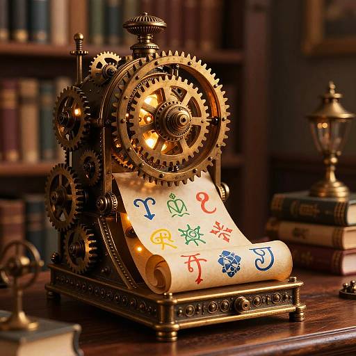 Steampunk clockwork desk lamp with illuminated gears, displaying colorful alchemical symbols on a scroll, set in a book-filled study.