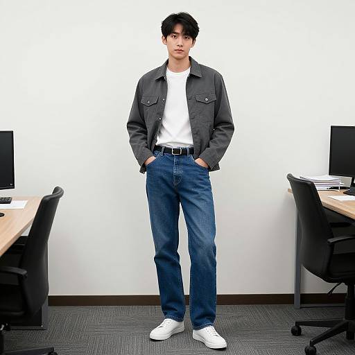 Photograph of an Asian man with short black hair, wearing a black jacket, white t-shirt, blue jeans, and white sneakers, standing in a