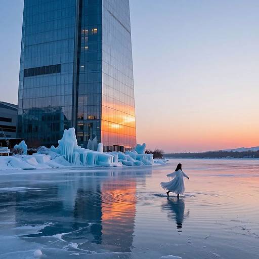 Photograph of a woman in a flowing white dress dancing on a frozen lake at sunset, with a glass skyscraper reflecting orange and blue hues, surrounded