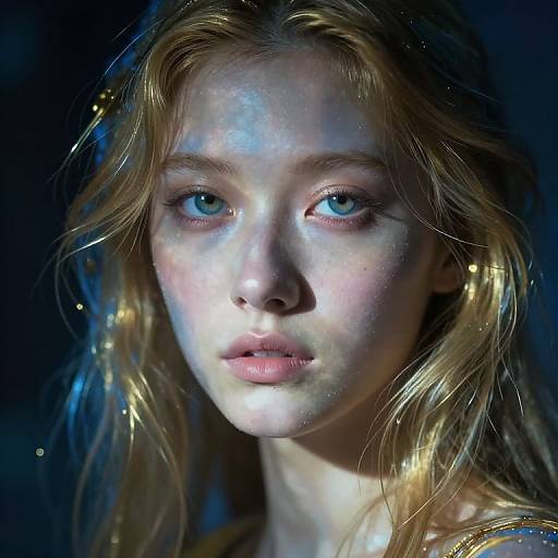 Close-up photograph of a young woman with fair skin, blue eyes, and tousled blonde hair, illuminated by blue and golden light.