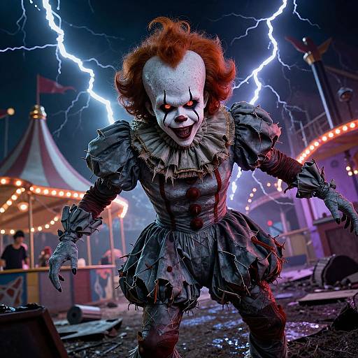 Photorealistic CGI of a terrifying clown with white face paint, red hair, and tattered dress, standing in a stormy, lightning-filled carnival