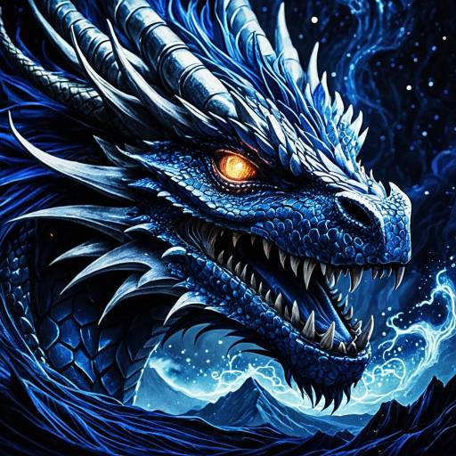 Close-up of Indigo and Silver Dragon with Glowing Magic Close-up of Indigo and Silver Dragon with Glowing Magic