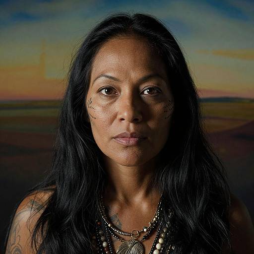 Photograph of a middle-aged South Asian woman with long black hair, dark skin, tribal facial paint, and black necklace against a sunset sky.