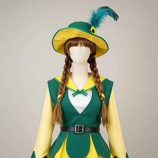 Photograph of a faceless mannequin in a green and yellow Renaissance-style outfit with a green hat, feather, and black belt.