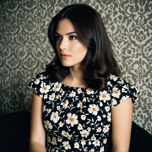 Woman in Floral Dress Against Patterned Wall