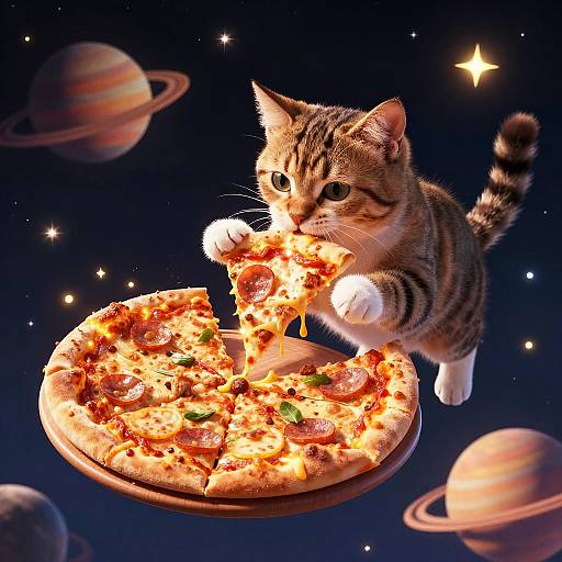Digital artwork of a cute, tabby kitten with striped fur, eating a slice of pepperoni pizza floating in a starry, planetary space backdrop.